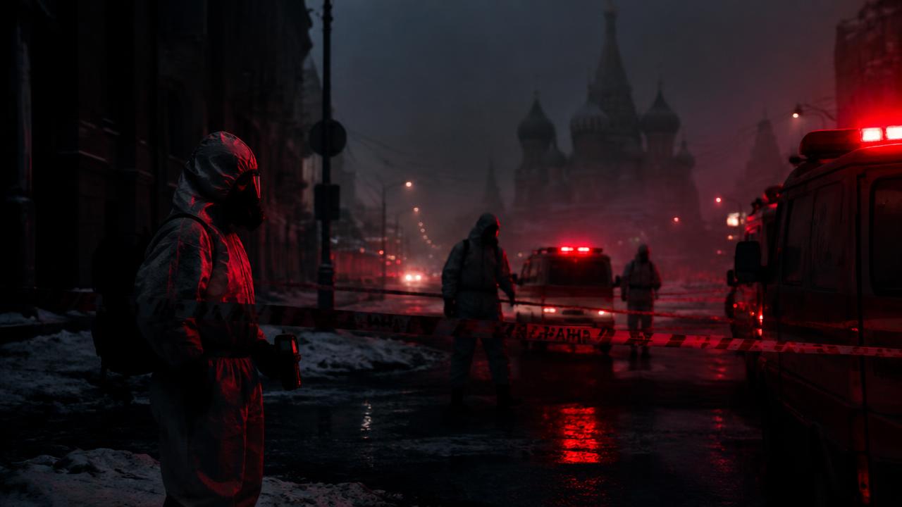Hazmat crews under red emergency lights
